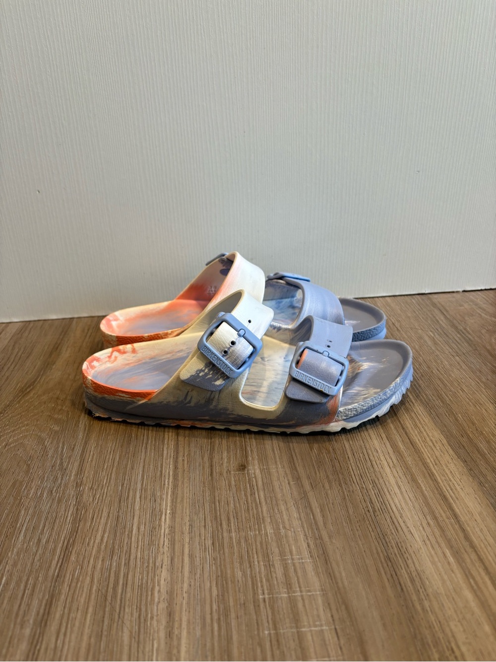 Birkenstock Women Arizona Essentials EVA Sandals Coral Peach Blue White Size 7